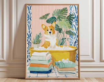 May include: A framed art print featuring a Corgi dog in a yellow bathtub filled with bubbles. The artwork has a pink and blue tile background, with stacks of colorful towels and potted plants. The print is in a wooden frame.