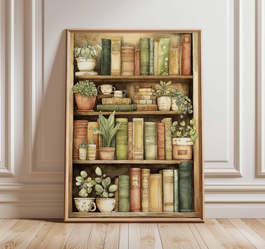 Vintage Library Poster, Cozy Bookshelf Wall Art, Botanical Book Print ...