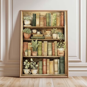 Puede incluir: Pintura a la acuarela de una estantería de madera llena de libros y plantas en macetas. Los libros son de varios colores, incluyendo verde, marrón y amarillo. Las plantas añaden un toque de naturaleza. La obra está enmarcada.