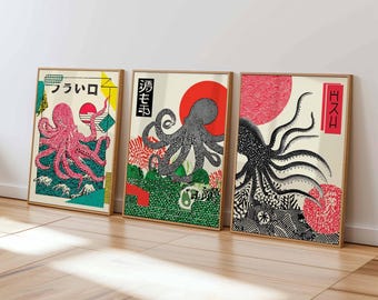 Japanese Octopus Art Print Set | Retro Ukiyo-e Marine Decor