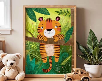 Lachende tijger kinderkamerprint, jungle dieren kinderkamerdecoratie