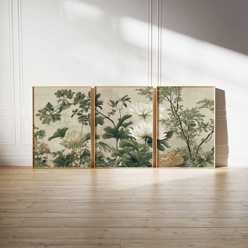 Vintage Botanical Wall Art Prints Set of 3, Green and Beige Floral ...