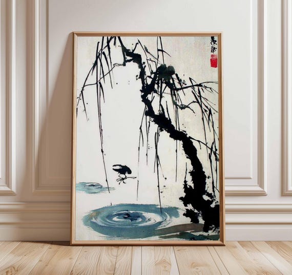 日本の水墨画、禅柳の木のアート、ミニマリストな侘び寂びのプリント