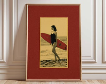 Vintage surfflicka-tryck, retro strandväggkonst