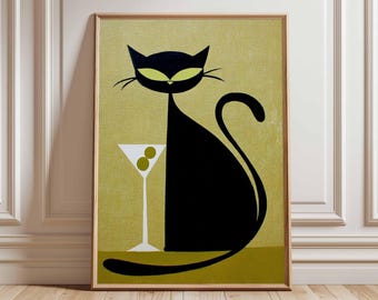 Mid Century Modern Cat Wall Art, Retro Cocktail Poster, Vintage Black Cat Martini Print