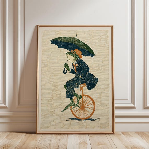 Frog on Unicycle Poster, Vintage Green Textured Illustration Art