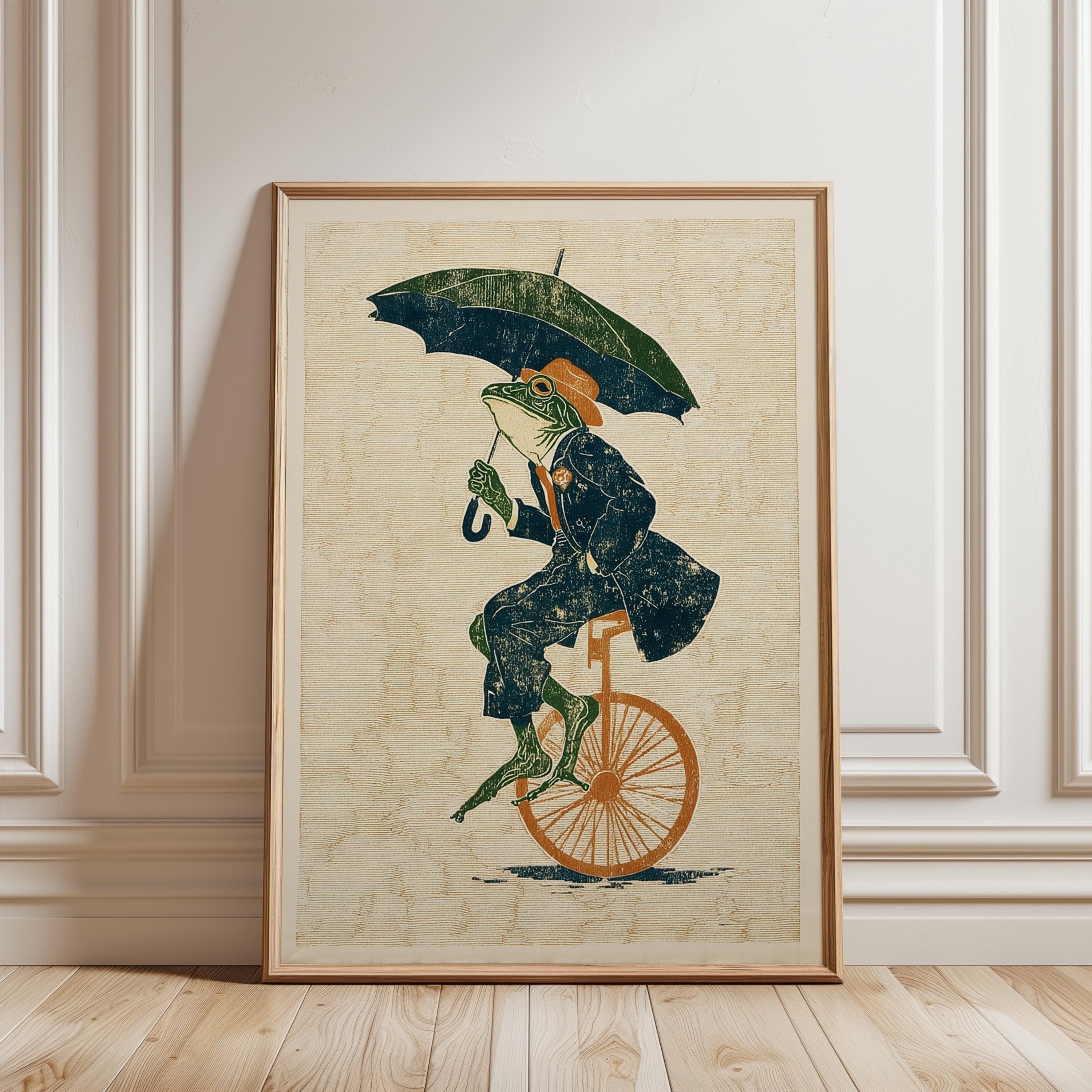 Frog on Unicycle Poster, Vintage Green Textured Illustration Art