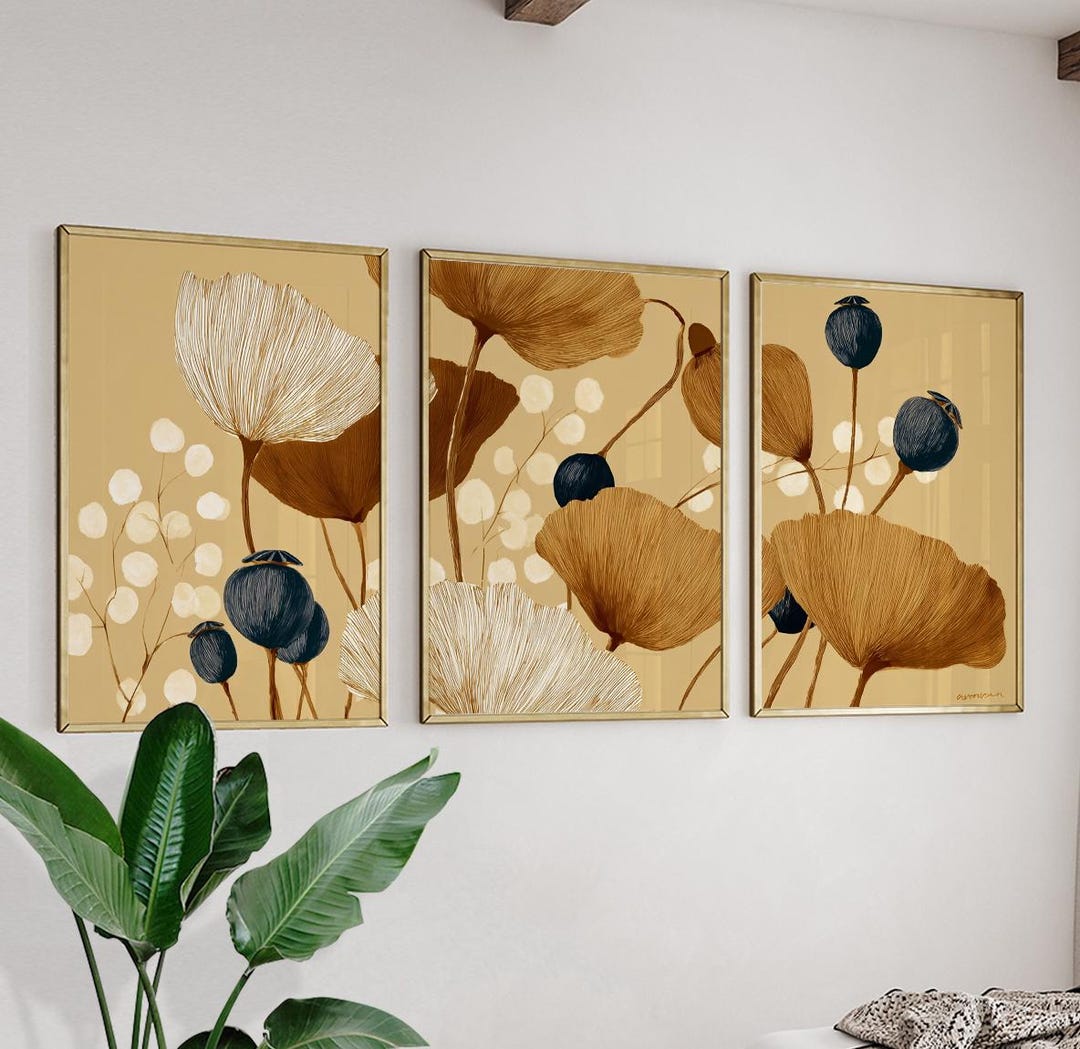Neutral Botanical Poster Set | Modern Floral Wall Art | Beige Nature ...