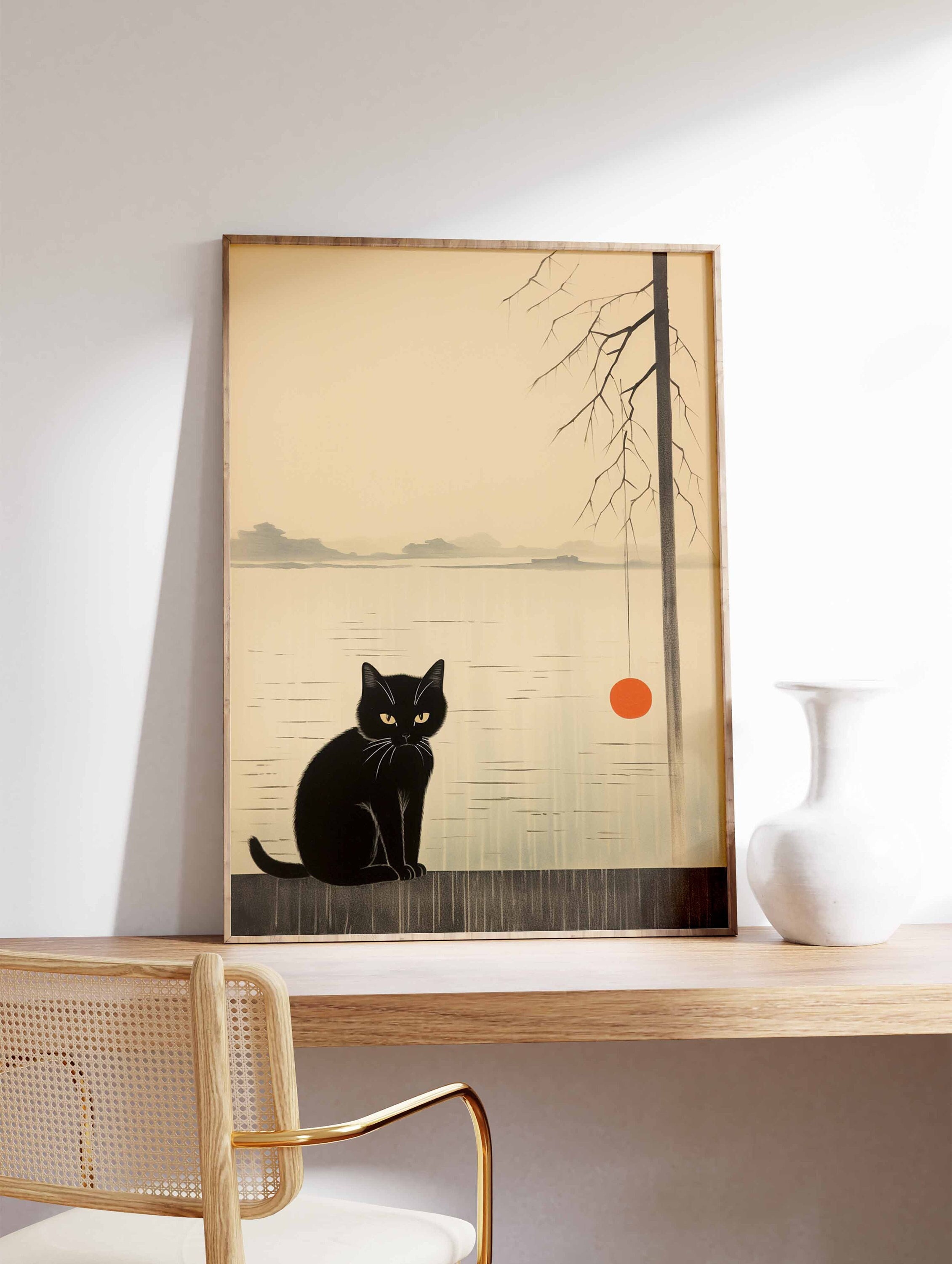 Japanese Cat Art Print, Minimalist Oriental Decor - Etsy