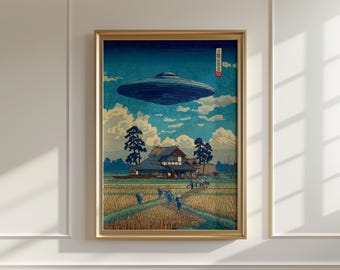 ジョナサンゲイ作　UFO 宇宙　スペースロード　ブラックライトポスター Japanese UFO Over Farmhouse Poster, Woodblock Art Print - Etsy