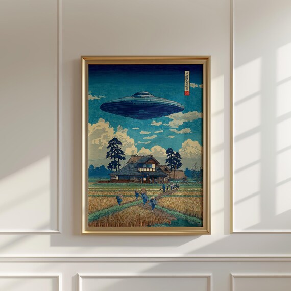 Japanese UFO Over Farmhouse Poster, Woodblock Art Print - Etsy