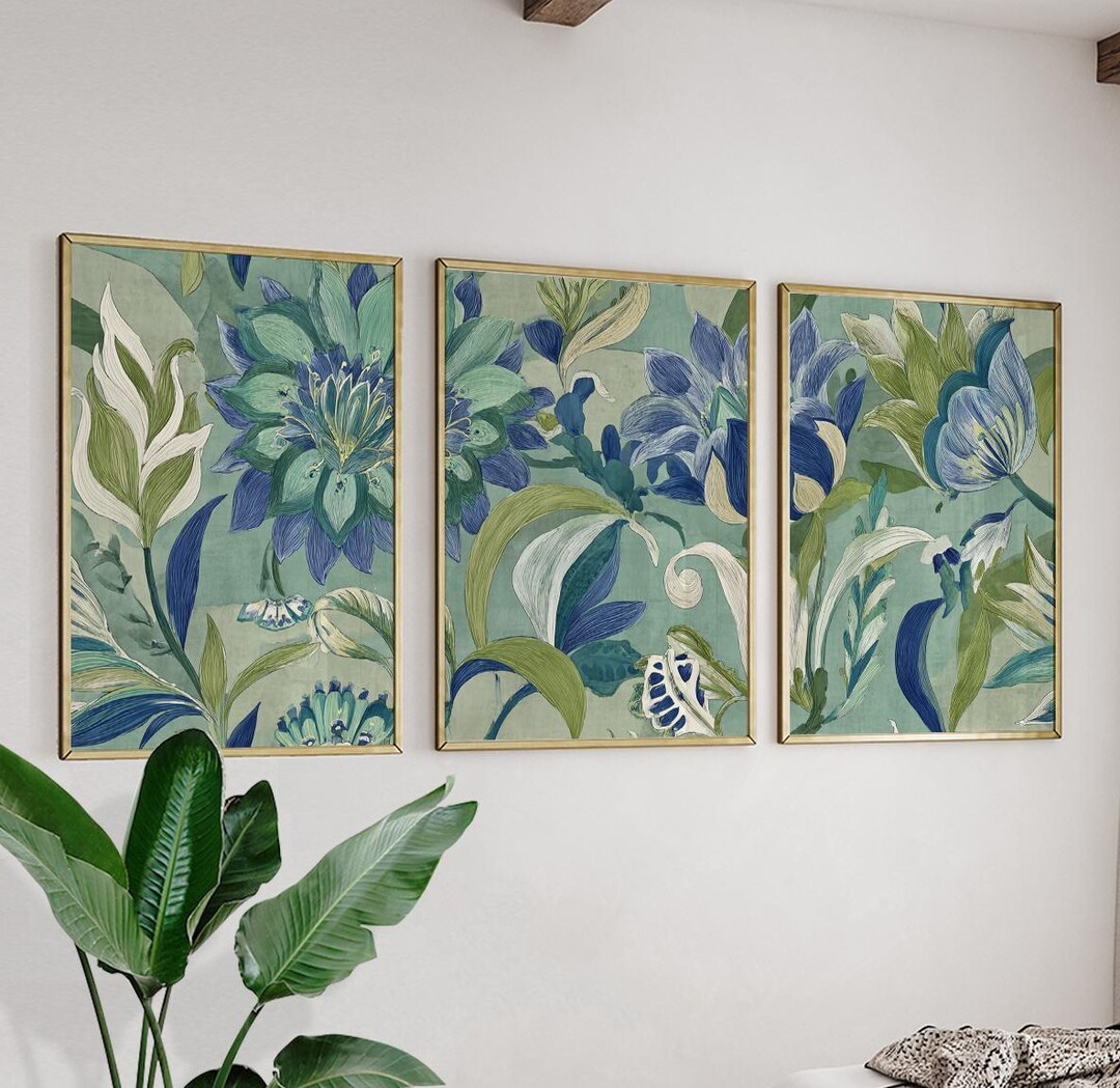 Blue Green Botanical Wall Art Posters Set of 3 | Floral Nature Prints ...