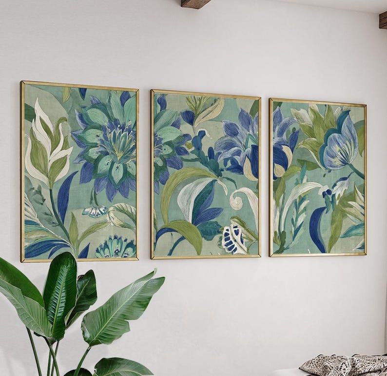 Blue Green Botanical Wall Art Posters Set of 3 | Floral Nature Prints ...