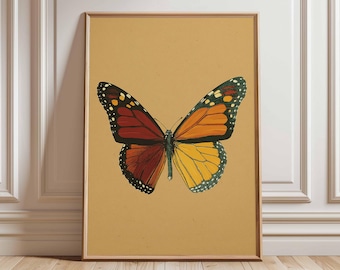 Poster vintage con farfalla monarca, decorazione murale minimalista ispirata alla natura.