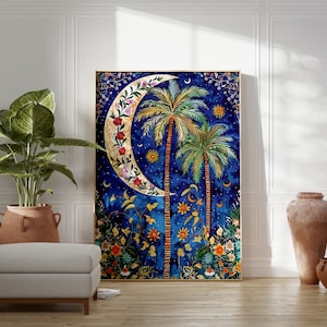 May include: A framed art print featuring a crescent moon with a floral design and two palm trees against a blue background with stars and other floral elements.