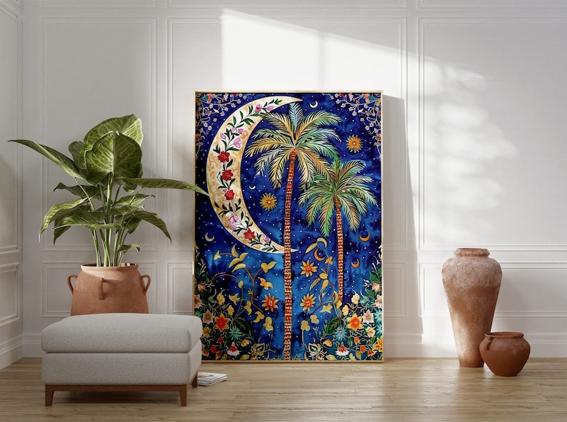 May include: A framed art print featuring a crescent moon with a floral design and two palm trees against a blue background with stars and other floral elements.