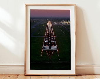 Illuminated Airport Runway Print, Night Aviation Photography, Modern Travel Decor, Pilot Gift, Minimalist Industrial Wall Art