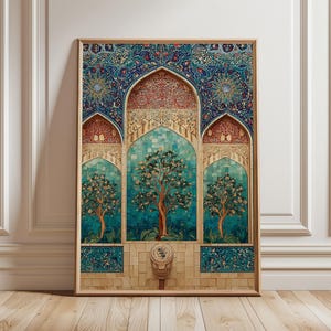 May include: A framed art print with an elaborate design. It features three arched panels with stylized trees against a teal background, and intricate patterns in red, blue, and gold. The artwork is set in a wooden frame.