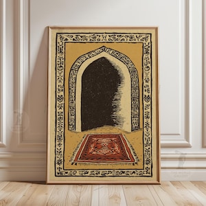 Peut inclure: Impression d'art encadrée représentant une arche et un tapis rouge. L'œuvre a une esthétique vintage, avec un fond beige et des détails noirs. Le cadre est de couleur marron clair et l'impression a un aspect texturé.