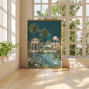 May include: A framed art print featuring a teal-colored landscape with ornate buildings, palm trees, and a body of water with peacocks and lily pads. The artwork is displayed in a room with a window and plants.