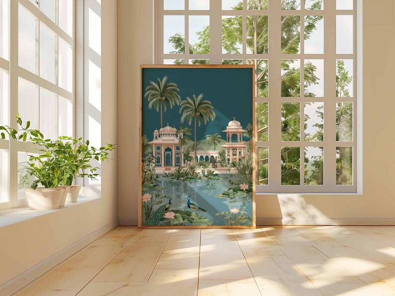 May include: A framed art print featuring a teal-colored landscape with ornate buildings, palm trees, and a body of water with peacocks and lily pads. The artwork is displayed in a room with a window and plants.