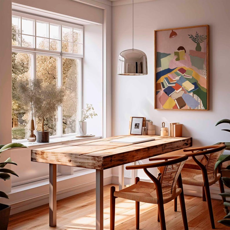 May include: A bright, airy home office with a large wooden desk and two woven chairs. A large window offers a view of trees. A colorful painting hangs on the wall, and a chrome pendant light hangs above the desk.