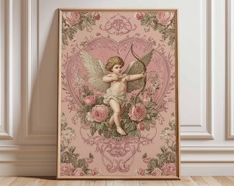 Vintage Cupid Poster, Roses, Baroque Cherub Print