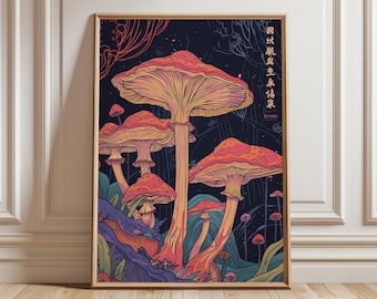 Pôster de cogumelos japoneses, estampa psicodélica de fungos, arte de parede boho