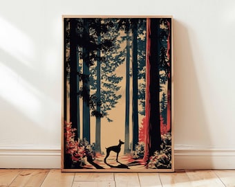 Könnte beinhalten: Ein gerahmter Kunstdruck zeigt eine Waldszene mit hohen Bäumen und einer Hunde-Silhouette. Das Kunstwerk hat eine Farbpalette aus Dunkelgrün, Rot und Beige. Der Hund steht auf einem Pfad, und das Kunstwerk ist in einem Holzrahmen gerahmt.