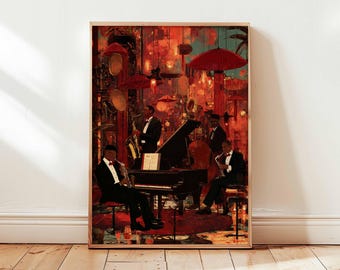 ジャズサックス奏者のイラスト、ヴィンテージ音楽アート、ジャズクラブ