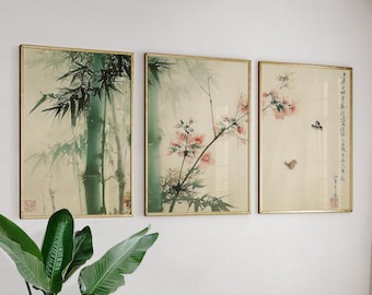 Bamboo And Blossom Set Of 3 Posters, Japanese Art Prints