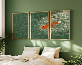 Japanese Fox Ocean Wall Art Set | Green Wave Triptych | 3 Posters