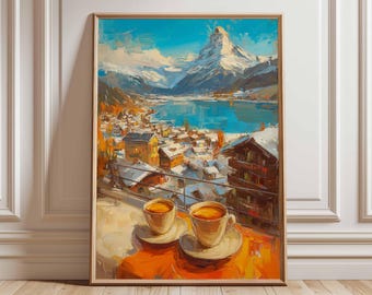 May include: A framed oil painting depicts a mountain landscape with a lake and village. Two cups of coffee sit on a table in the foreground. The artwork features a vibrant color palette of blues, oranges, and whites.