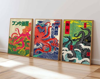 Japanese Octopus Art Print Set of 3 | Retro Octopus Posters | Vintage Japan Wall Art | Tentacle Marine Decor | Ukiyo-e Style Prints