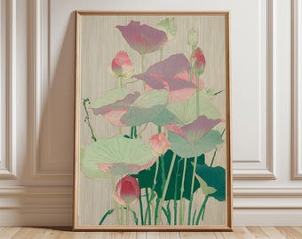 Estampado de flor de loto japonesa, arte botánico para pared, decoración zen.