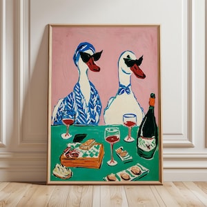 Duck Wine Party Art Print, Quirky Animal Poster, Retro Wall Art with Ducks and Wine, Fun Dining Room or Kitchen Decor