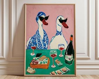 Lámina artística de fiesta de vino con patos, póster de animales peculiares, arte de pared retro con patos y vino, decoración divertida para el comedor o la cocina.