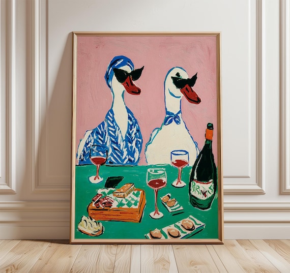 Duck Wine Party Art Print, Quirky Animal Poster, Retro Wall Art with Ducks and Wine, Fun Dining Room or Kitchen Decor