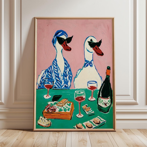 Duck Wine Party Art Print, Quirky Animal Poster, Retro Wall Art with Ducks and Wine, Fun Dining Room or Kitchen Decor