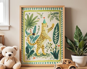 Jungle Cheetah Nursery Print, Whimsical Safari Animal Art