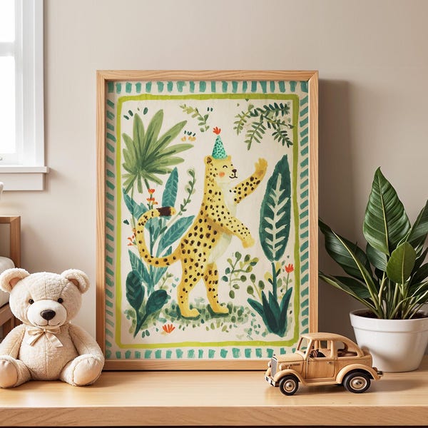 Jungle Cheetah Nursery Print, Whimsical Safari Animal Art