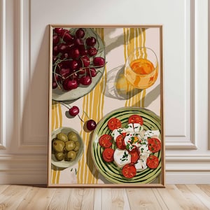 Lámina de cocina mediterránea, póster de bodegón gastronómico, colorida obra de arte para comedor, ilustración de frutas y ensaladas, decoración rústica de pared.