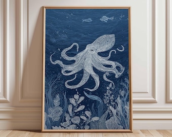 Octopus Wall Art Print, Navy Blue Nautical Decor