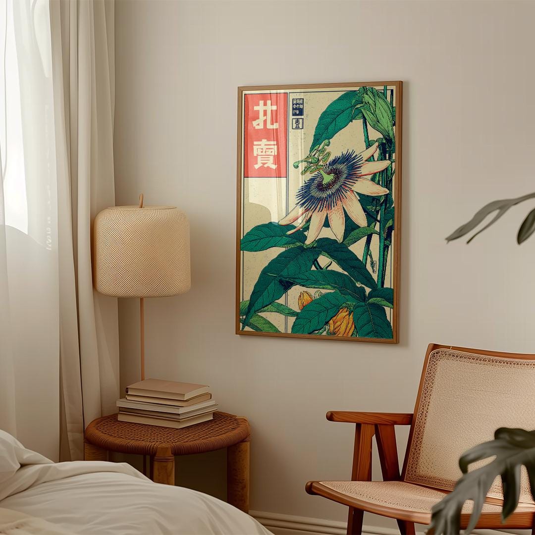 Japanese Passion Flower Poster, Vintage Ukiyo-e Style Wall Art