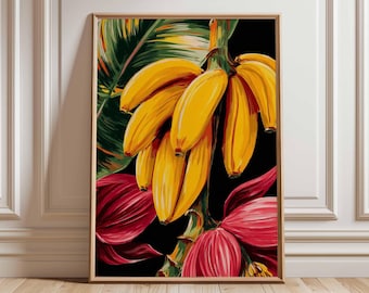 May include: A framed art print depicting a bunch of yellow bananas with green leaves and red flowers against a black backdrop. The artwork is presented in a wooden frame. The style is similar to a botanical illustration, with a focus on the fruit and foliage.