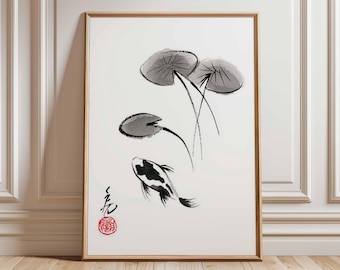 Japanese Koi Fish Ink Painting Print, Minimalist Zen Art