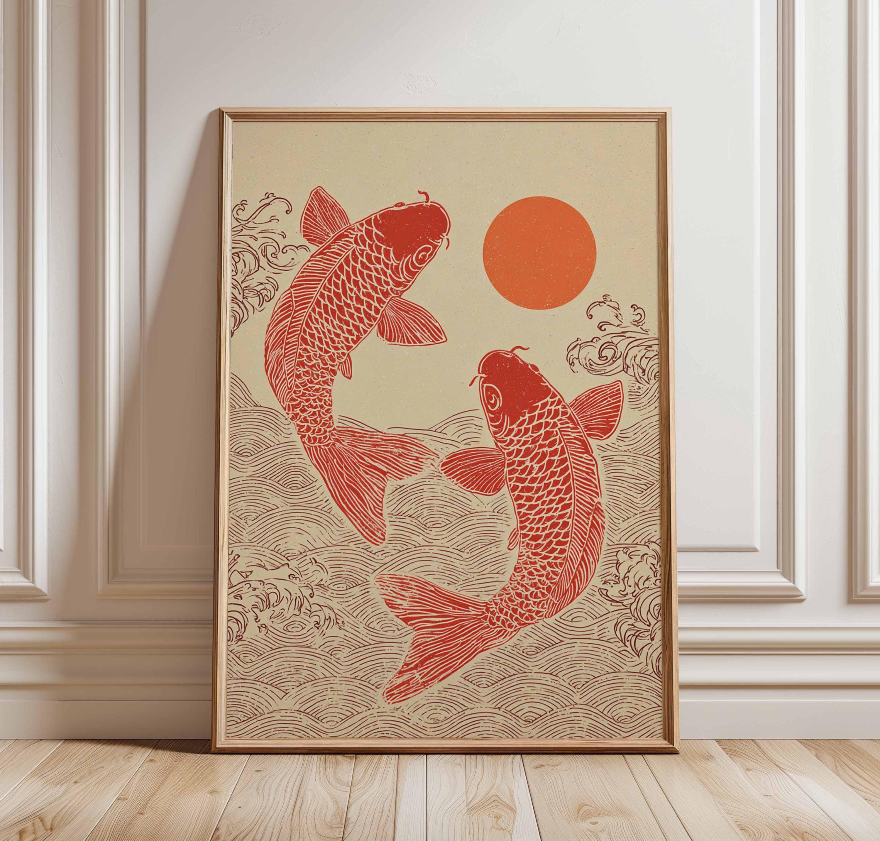 Japanese Koi Fish Poster, Vintage Style Wall Art Print, Red Sun