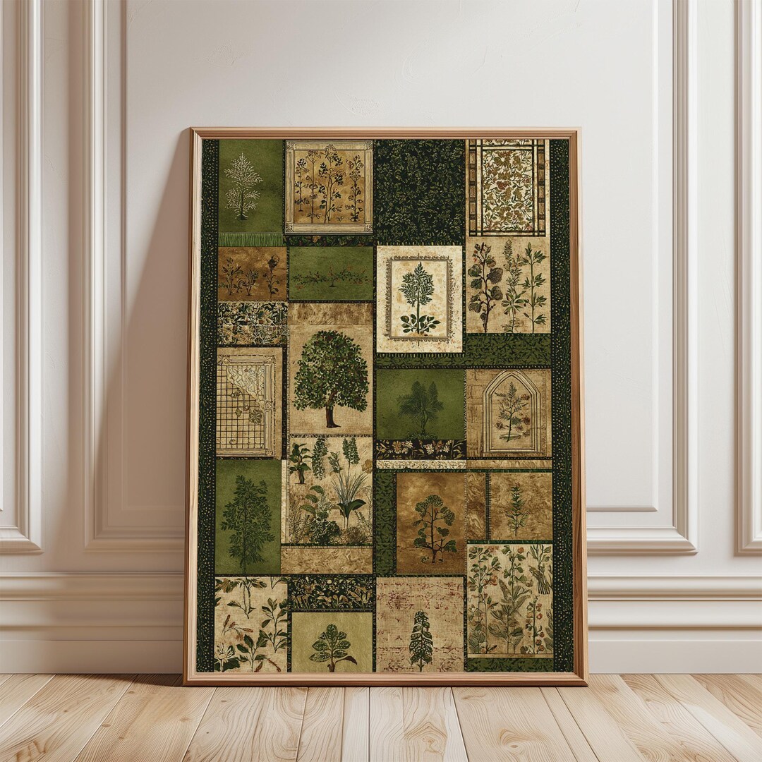 Patchwork Poster Design Botanical Patchwork Poster | Green Vintage Plant Illustration | Nature ...