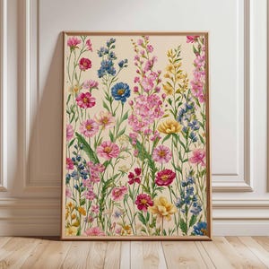 Stampa artistica da parete con fiori selvatici, poster botanico colorato con fiori rosa, blu e gialli, opera d'arte naturalistica Cottagecore per l'arredamento della casa