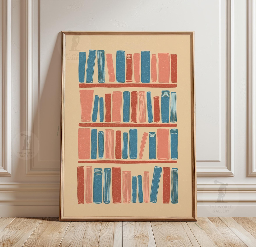 Bookshelf Poster | Minimal Book Wall Art | Library Illustration Print ...